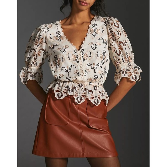 Anthropologie Tops - NWT By Anthropologie Embroidered Eyelet Blouse Cotton Size Medium Milkmaid Boho